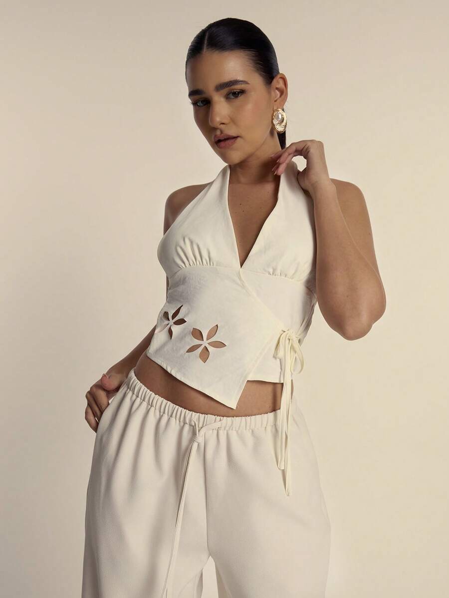 MUSERA Halter Neck Flower Cut Out Tie Plunge Wrap Around Top For Spring Cute Summer - Beige - View 1