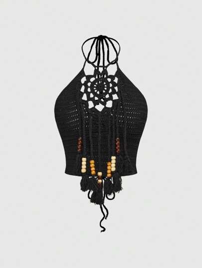 Western Style Women Hippie Crochet Netted Fringe Wooden Beads Sexy Knit Top