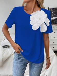 Franclia Floral Appliques Short Sleeves Tee For Summer Graphic Tees Women Tops