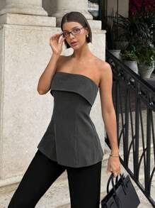 Siren Gaze Áo cánh thời trang Bandeau xẻ tà màu trơn cho nữ - Xám - Xem 5