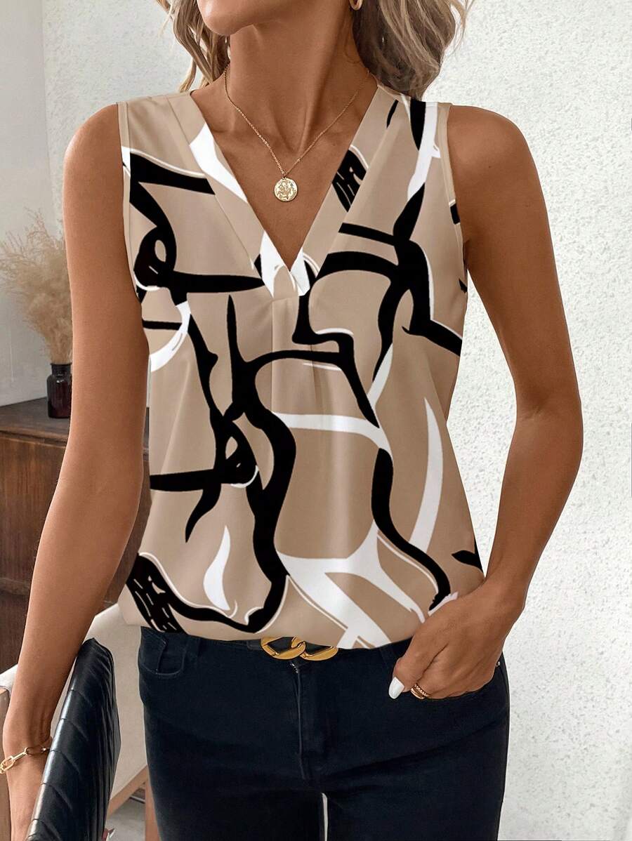 SHEIN Clasi 女式休闲不对称条纹 V 领无袖上衣，适合夏季 - 卡其色 - 查看 1