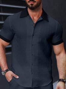 Manfinity Homme Men's Casual Simple Contrast Trim Short Sleeve Shirt