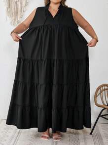 SHEIN CURVE+ Vestido largo talla grande con cuello de corbata, bajo con volantes y mangas acampanadas, estilo bohemio para vacaciones