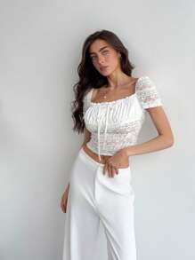 Aloruh 白色蕾丝拼接 T 恤，性感优雅，适合婚礼、派对、伴娘、暑假和约会之夜 - 杏色 - 查看 7