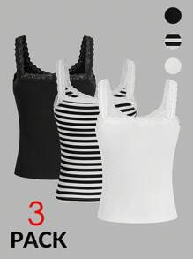 SHEIN Essnce 3pcs Lace Top White Tank Top Women's Casual Versatile Simple Lace Trim Camisole