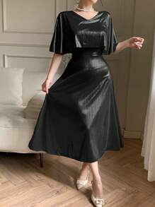 DAZY Đầm midi cổ chữ V tay ngắn thường ngày cho nữ, váy dạ hội thanh lịch, váy trang trọng cho nữ - màu đen - Xem 4