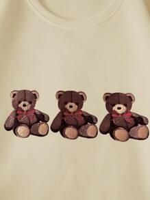 INAWLY 2pcs Plus Size Casual Bear Print Sweatshirt Top And Sweatpants Set - Apricot - View 6