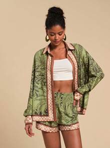 Travachic 2pcs Women Woven Printed Halter Neck Top And High Waisted Shorts Set,Spring&Summer,Summer Outfits For Women,Beach Outfits For Woman,Western Wear Women,Spring Break,Concert Outfit Women,Boho,Rave Outfits,Tropical Vacation, Festival