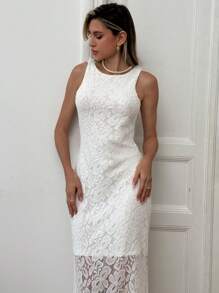 Aloruh Robe élégante et sexy pour femmes, de couleur unie, avec décoration florale en dentelle 3D et dos nu - Blanc - Voir 4