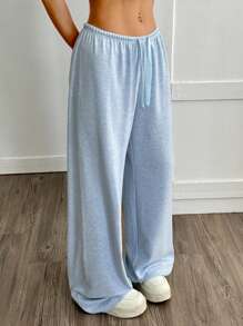 SHEIN EZwear 柔软针织宽松休闲裤，秋冬 - 藍色 - 查看 5