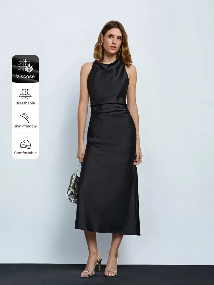 SHEIN Maija Black Cowl Neck Sleeveless Cinched Waist Satin Midi Dress For Women, St. Patrick's Day, Easter, Lunar New Year, Music Festival