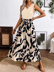 Breezaya Vestido maxi estampado de primavera y verano (vestido de punto de línea A de longitud media sin mangas con estampado de hojas de bádminton) Ropa de playa de vacaciones para mujeres - Albaricoque - Ver 4
