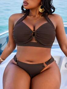 SHEIN SXY CURVE Plus Size Women 2Pcs Deep V-Neck Hollow Out Swimwear, Sexy Beach, Pool Bikini Set, Summer Vacation