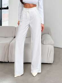 EURMUSE WOMEN TALL STRIPED BUTTON DETAILED CASUAL PANTS - White - View 5