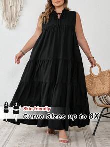 SHEIN CURVE+ Vestido largo talla grande con cuello de corbata, bajo con volantes y mangas acampanadas, estilo bohemio para vacaciones