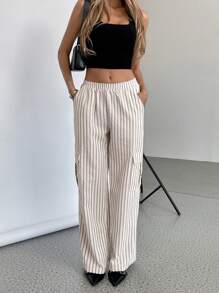 SHEIN Essnce Cargo 女士休闲条纹低腰通勤工装裤 - 白色 - 查看 3