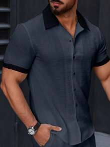 Manfinity Homme Men's Casual Simple Contrast Trim Short Sleeve Shirt