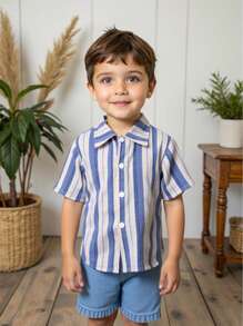 SHEIN Vintaside Kids Baby Boy Casual Outfit Set: Collared Short Sleeve Striped Shirt With Washed Denim Shorts, Suitable For Spring/Summer Wear, Home, Vacation, Gathering, Providing Comfortable And Fashionable Look - Multicolor - View 3