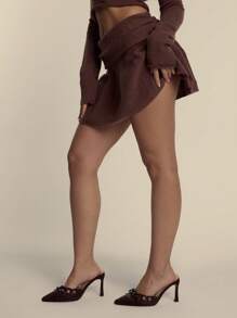 MUSERA 柔软针织翻边褶皱腰带宽松百褶迷你裙，仅限春夏穿着，优雅可爱，适合晚宴、节日等场合。 - 咖啡棕 - 查看 4