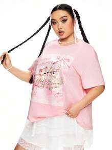 ROMWE Kawaii Plus Size Vrouwen Schattige Kattenprint 3D Strik Plus Size T-shirt