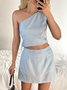 SHEIN EZwear Women Casual Plaid Asymmetric Collar Top And Mini Skirt 2 Pieces Set, Summer