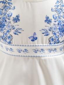 SHEIN Cute & Elegant Floral Satin Short Sleeve Dress For Babygirl, Summer - White - View 5