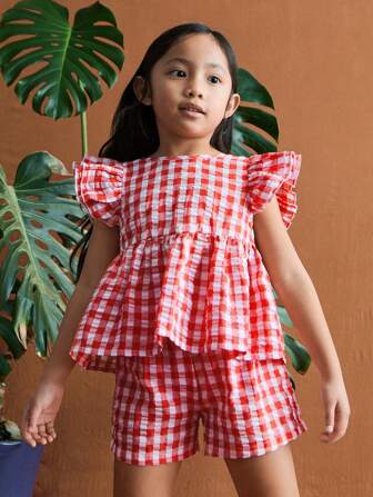 THE HAPPY LOOK Young Girl 2pcs Red Plaid Detachable Ruffle Bowknot Blouse Sets