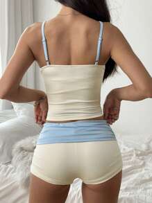 SHEIN EZwear 女士蝴蝶结装饰吊带背心和短裤两件套休闲套装 - 黃色 - 查看 2