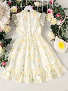 Glamorique Kids Vestido sin mangas con cintura bordado en amarillo para niña, cómodo y ligero para el verano, hermoso y lindo