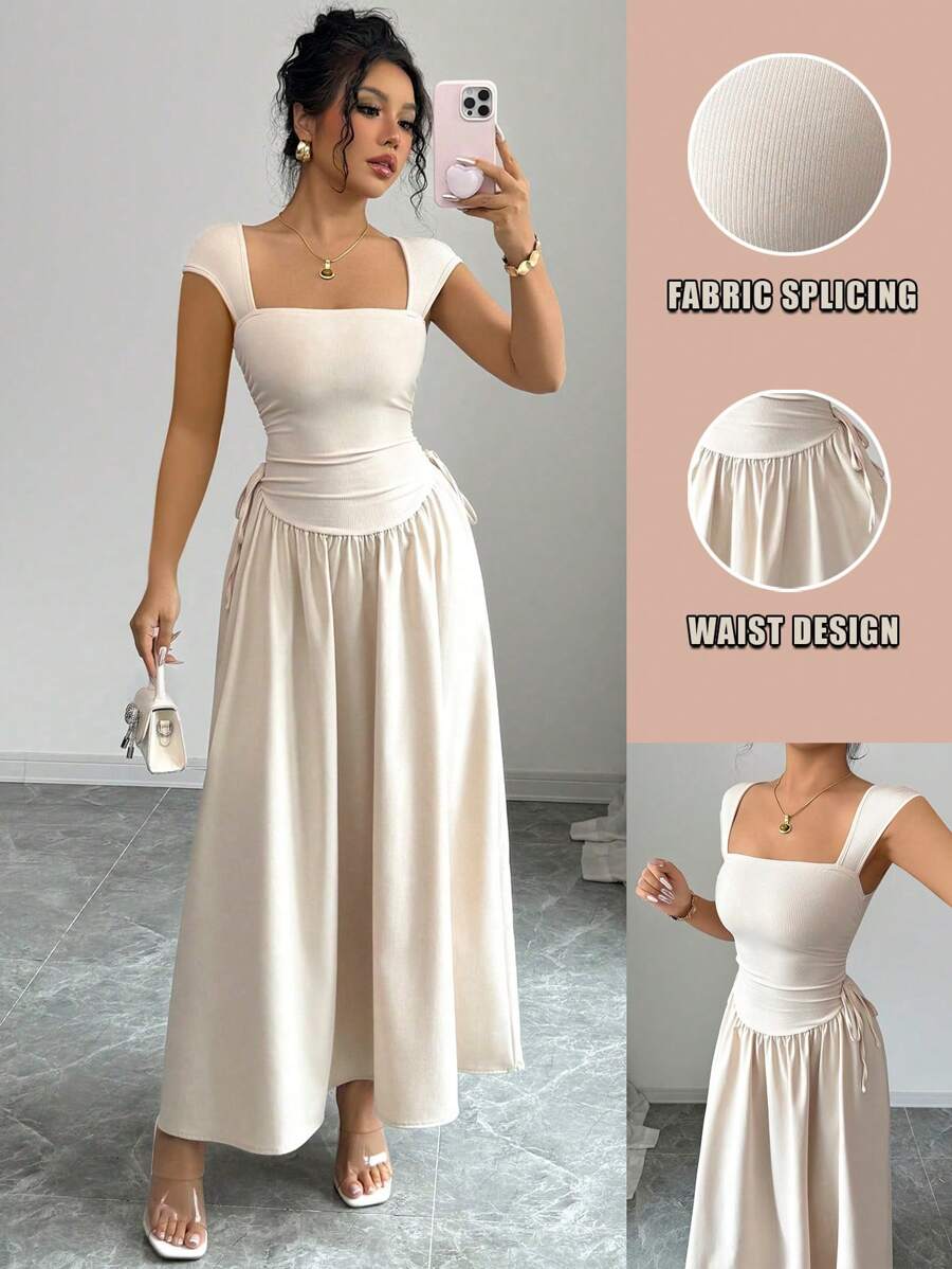 Elenzga Women's Apricot Vee Neck Slim Fit Waist Ruched Patchwork Knit Vest Dress - Apricot - View 1