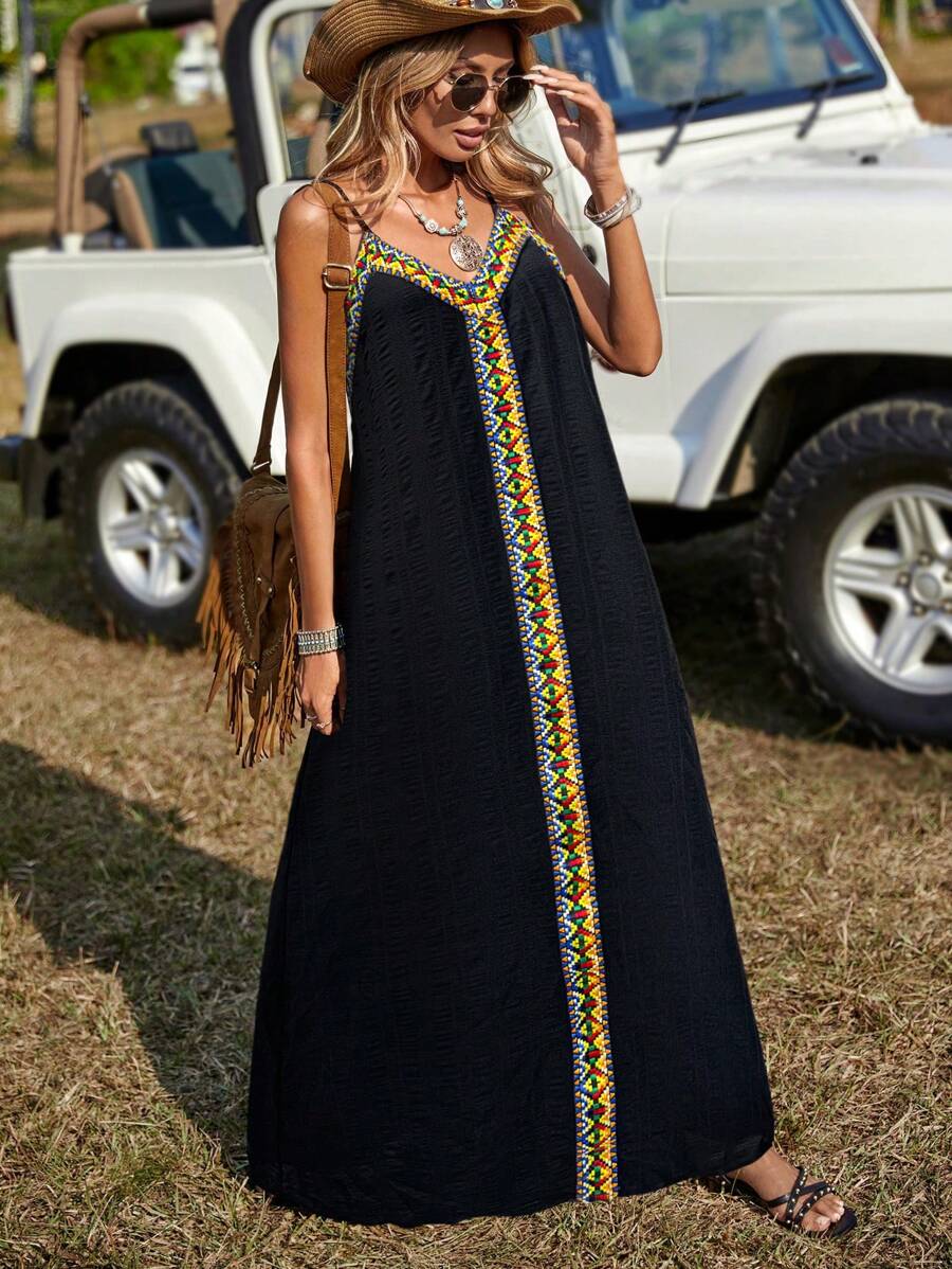 SHEIN LUNE 女士拼布缎带长款休闲吊带连衣裙