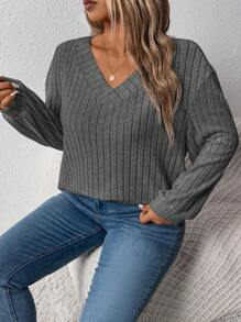 EMERY ROSE Plus Size Women Chunky Rib Knit V-Neck Loose Casual Sweatshirt, Autumn/Winter Graduation,Back To School,Graduation,Teacher For Women,Back To School Pullover Fall - Grey - View 3