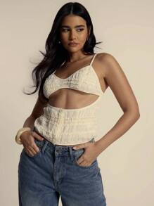 MUSERA Cut Out Hook And Eye Detail Strappy V Neck Fitted Top Cute Spring Tops Going Out Tops - Yellow - View 1