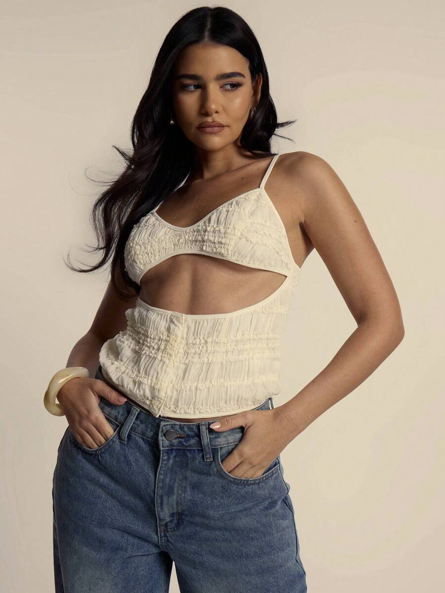 MUSERA Cut Out Hook And Eye Detail Strappy V Neck Fitted Top Cute Spring Tops Going Out Tops - Yellow - View 1