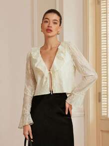 Aveloria Rosie Blusa holgada elegante para vacaciones con mangas abullonadas de organza transparente, con bordados y volantes para mujeres