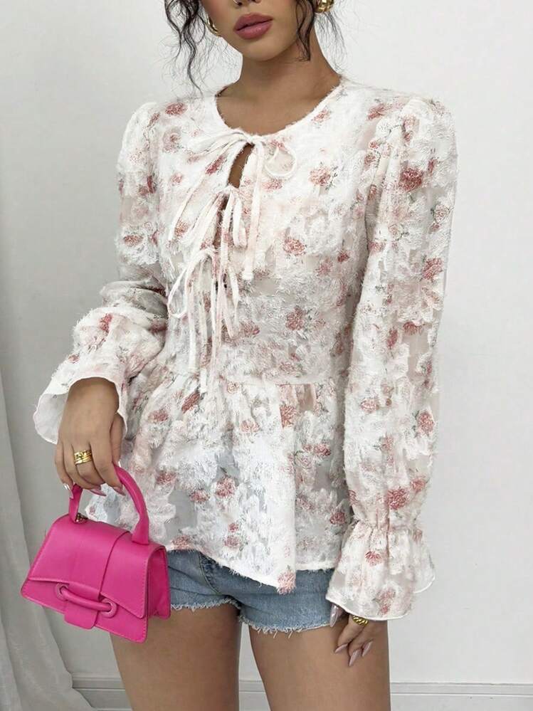 Elenzga Standard Size Women's Round Neck Flare Sleeve Bowknot Decor Blouse - Multicolor - View 3