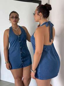 Vestido mini ajustado sin mangas de mezclilla talla grande, azul - Azul - Ver 2