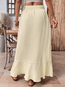 Breezaya 女士高端前开纹理长裙，日常穿着 - 杏色 - 查看 2