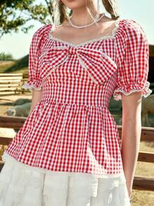 ROMWE Kawaii Women's Nature Girl Cottagecore Plaid Picnic Style 3D Bow Decor Babydoll Shirt