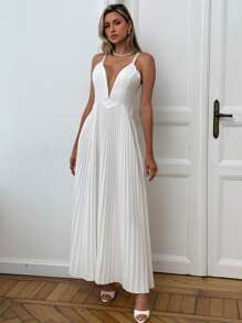 Aloruh Elegante vestido largo de color blanco sólido, sin mangas, de escote en V profundo y espalda descubierta con tirantes tipo espagueti, estilizante - Blanco - Ver 3