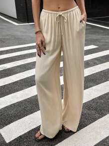Siren Gaze 女士亚麻直筒低腰休闲裤，适合春夏季度假 - 卡其色 - 查看 4