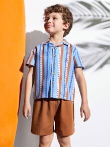 SHEIN Young Boys Striped Retro Style Summer Camp Shirt & Shorts Set - Multicolor - View 5