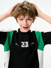 Tween Boy' Solid Color Patchwork Round Neck Short Sleeve Numeric Print T-Shirt