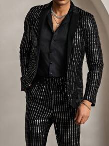 Manfinity VCAY Bộ 2 bộ vest nam dệt kim thời trang thường ngày trẻ trung, áo khoác lưới hở sequin và quần âu cạp chun - màu đen - Xem 3
