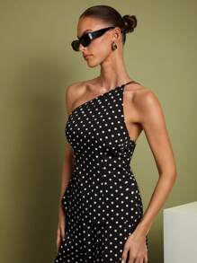 COSMINA 2 件女式波点肩上衣和裤子套装，简约休闲日常穿着 - 黑色 - 查看 4