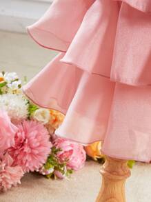 SHEIN Fern Glow 女婴夏季可爱粉色优雅欧根纱连衣裙 - 粉色 - 查看 3