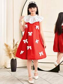 SHEIN Leap Crew 青少年女孩宽松休闲拼布撞色荷叶边蝴蝶结装饰迷你连衣裙 - 紅色 - 查看 4