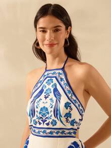 CAJUNI Women's Boho Ginkgo Leaf, Parrot, Blue & White Printed Halter Backless Tie Front Wide Leg Jumpsuit, Casual Summer Beach Wear
