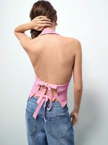 Maija Top elegante de tirantes con cuello halter y espalda anudada en tela texturizada rosa, para otoño/invierno, Día de San Valentín, festivales