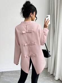 Chiquease Women's Elegant Solid Color Bow Decor Open Back Blouse For Autumn Women Shirt